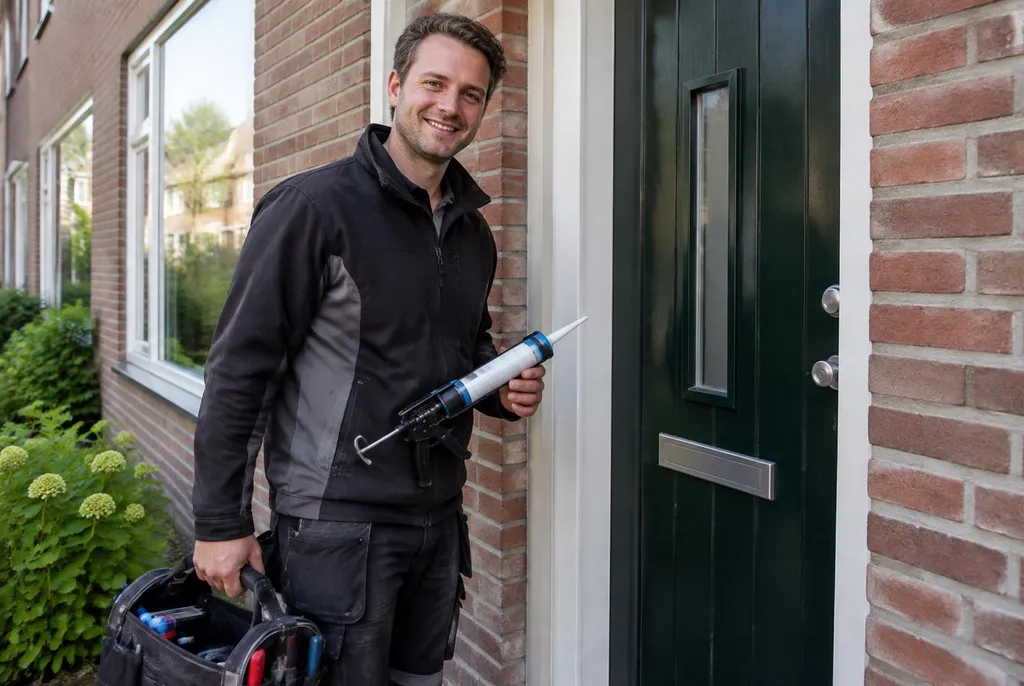 Vakman van Kitbedrijf Voorburg bij de voordeur van een woning